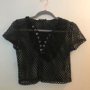 Fashion Nova Hooded Fish Net Crop Top - Size Small